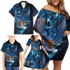 Aotearoa Matariki Family Matching Off Shoulder Short Dress and Hawaiian Shirt Maori Tribal with Silver Fern and Tui Bird Galaxy Style - Aussie Hoodie