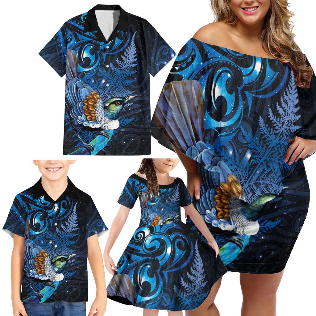Aotearoa Matariki Family Matching Off Shoulder Short Dress and Hawaiian Shirt Maori Tribal with Silver Fern and Tui Bird Galaxy Style - Aussie Hoodie