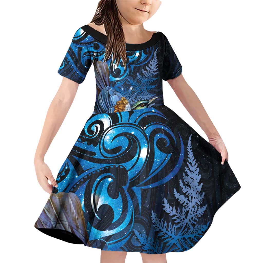 Aotearoa Matariki Family Matching Off Shoulder Short Dress and Hawaiian Shirt Maori Tribal with Silver Fern and Tui Bird Galaxy Style - Aussie Hoodie