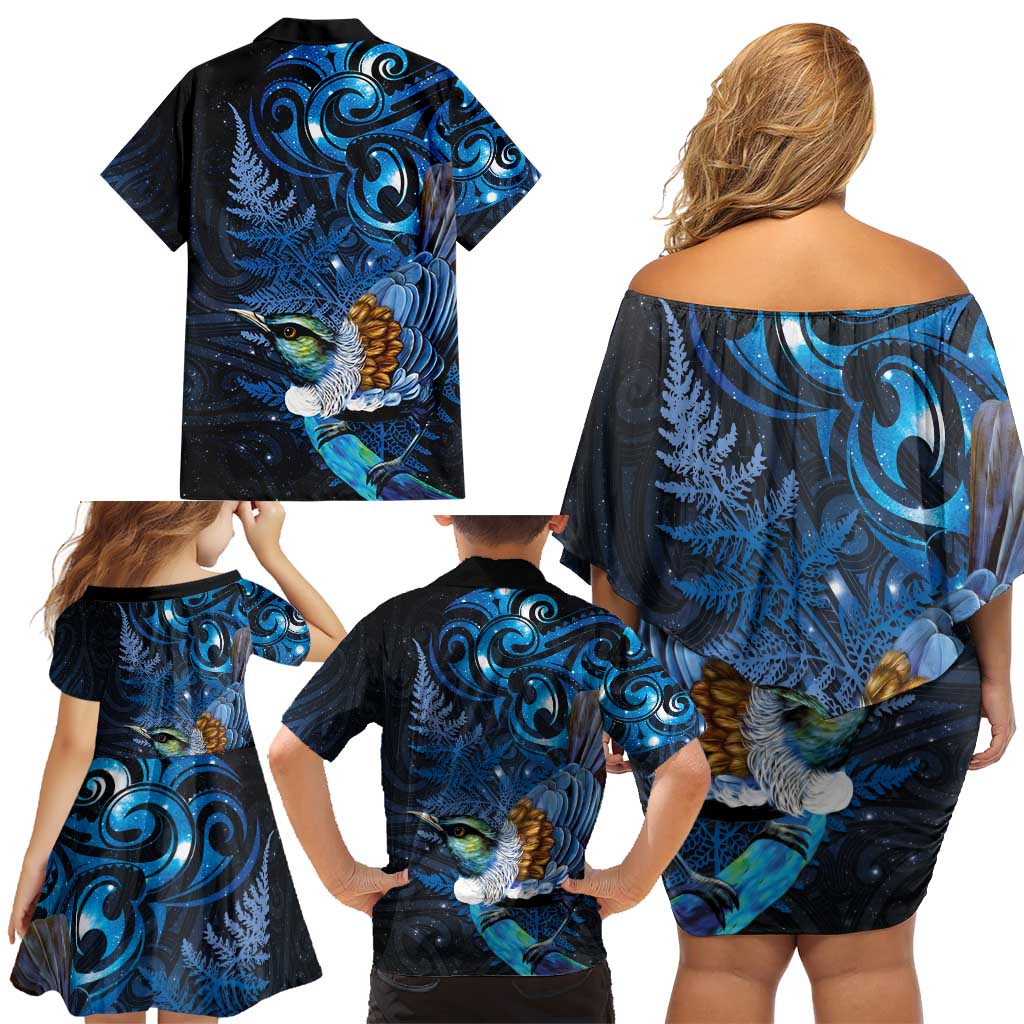 Aotearoa Matariki Family Matching Off Shoulder Short Dress and Hawaiian Shirt Maori Tribal with Silver Fern and Tui Bird Galaxy Style - Aussie Hoodie