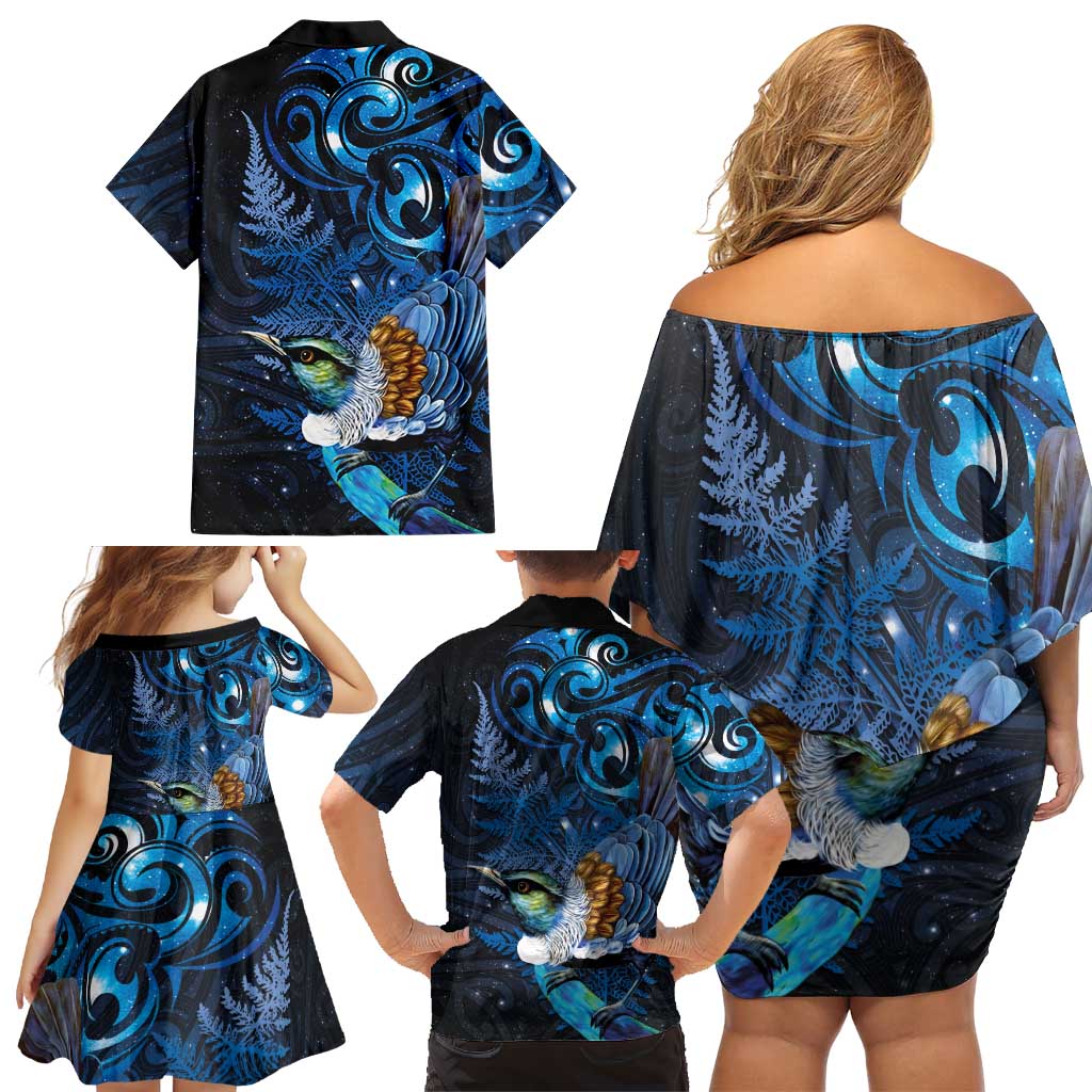 Aotearoa Matariki Family Matching Off Shoulder Short Dress and Hawaiian Shirt Maori Tribal with Silver Fern and Tui Bird Galaxy Style - Aussie Hoodie