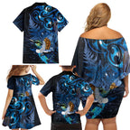 Aotearoa Matariki Family Matching Off Shoulder Short Dress and Hawaiian Shirt Maori Tribal with Silver Fern and Tui Bird Galaxy Style - Aussie Hoodie
