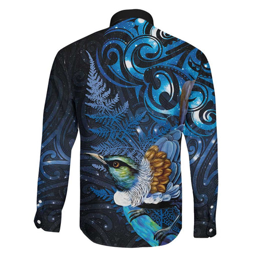 Aotearoa Matariki Family Matching Off Shoulder Short Dress and Hawaiian Shirt Maori Tribal with Silver Fern and Tui Bird Galaxy Style - Aussie Hoodie
