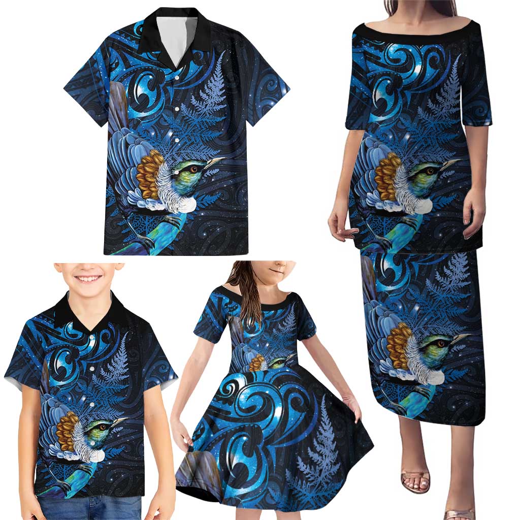 Aotearoa Matariki Family Matching Puletasi and Hawaiian Shirt Maori Tribal with Silver Fern and Tui Bird Galaxy Style - Aussie Hoodie