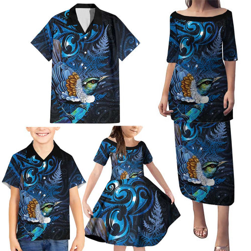 Aotearoa Matariki Family Matching Puletasi and Hawaiian Shirt Maori Tribal with Silver Fern and Tui Bird Galaxy Style - Aussie Hoodie