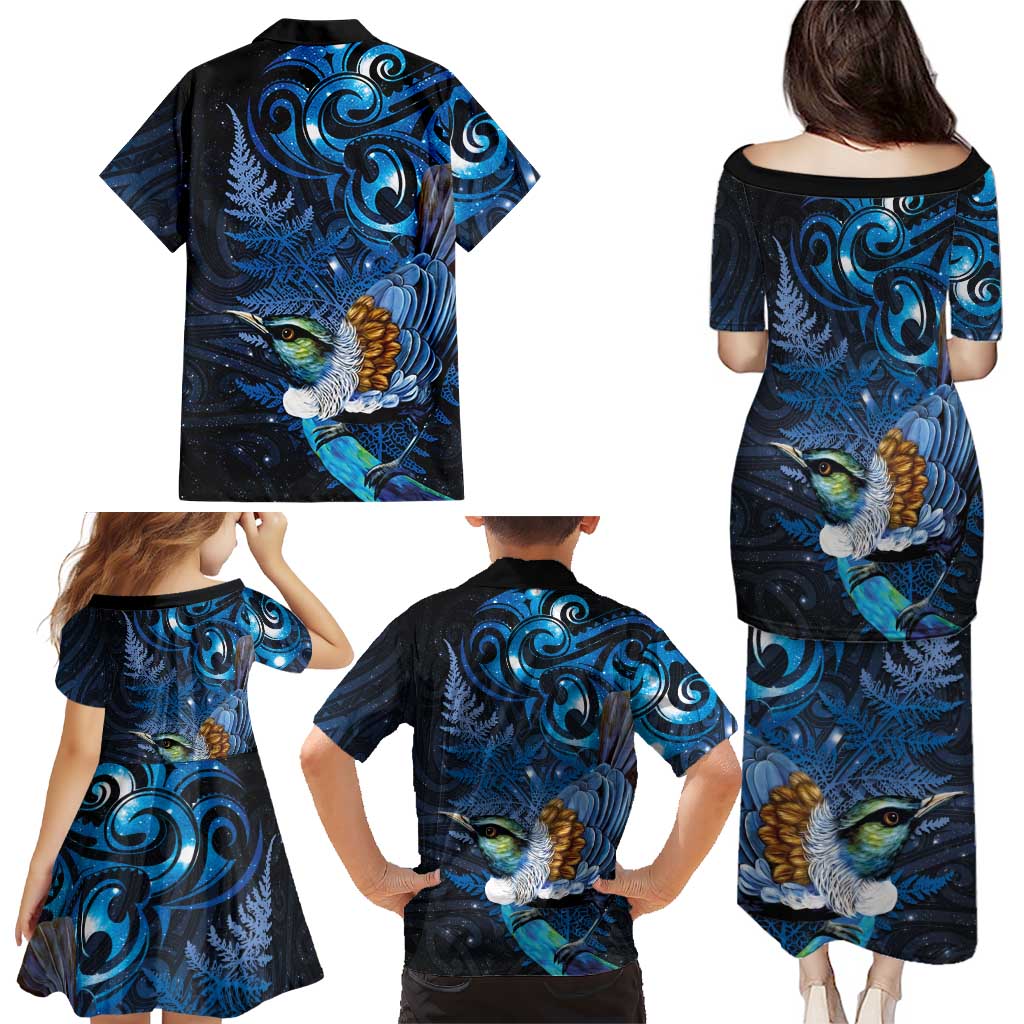 Aotearoa Matariki Family Matching Puletasi and Hawaiian Shirt Maori Tribal with Silver Fern and Tui Bird Galaxy Style - Aussie Hoodie