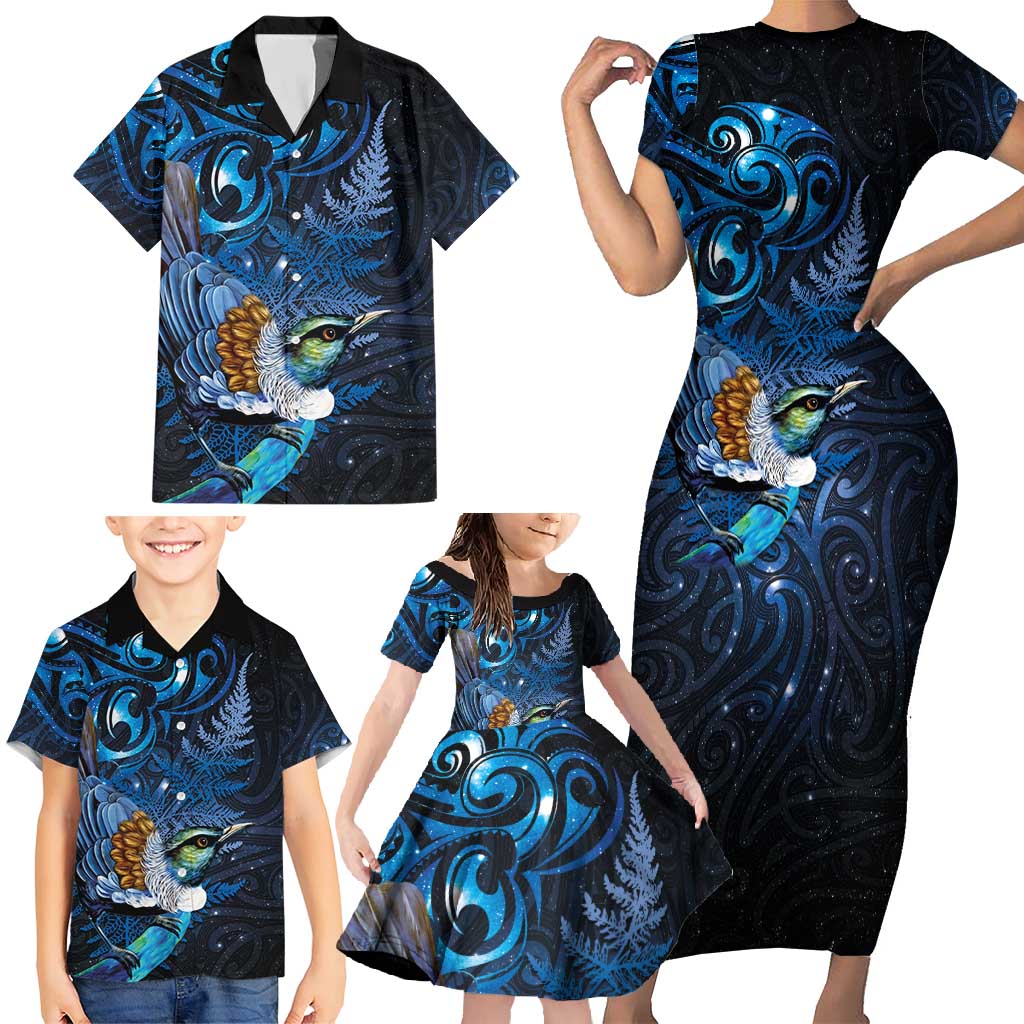 Aotearoa Matariki Family Matching Short Sleeve Bodycon Dress and Hawaiian Shirt Maori Tribal with Silver Fern and Tui Bird Galaxy Style - Aussie Hoodie