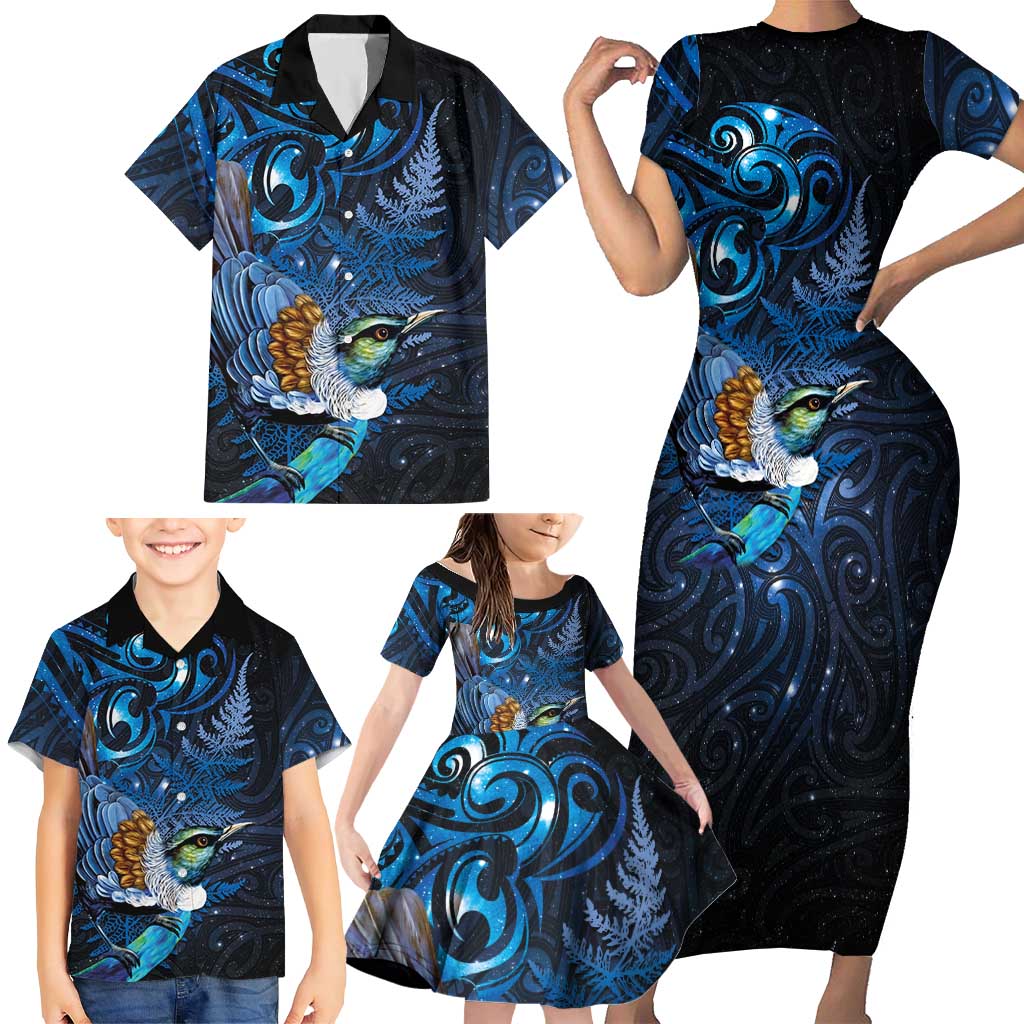 Aotearoa Matariki Family Matching Short Sleeve Bodycon Dress and Hawaiian Shirt Maori Tribal with Silver Fern and Tui Bird Galaxy Style - Aussie Hoodie