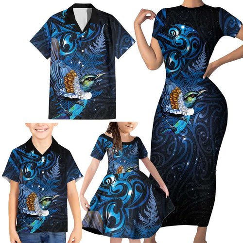 Aotearoa Matariki Family Matching Short Sleeve Bodycon Dress and Hawaiian Shirt Maori Tribal with Silver Fern and Tui Bird Galaxy Style - Aussie Hoodie