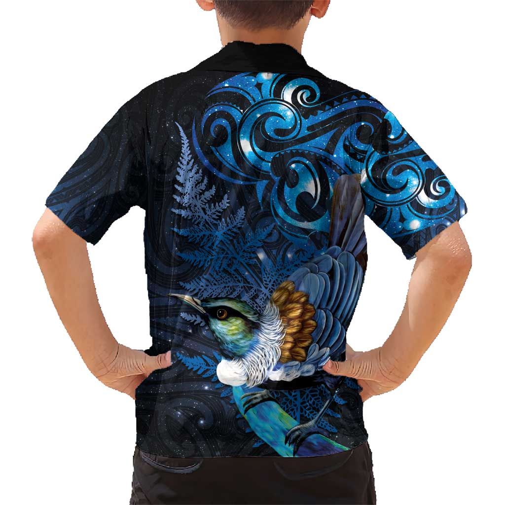 Aotearoa Matariki Family Matching Short Sleeve Bodycon Dress and Hawaiian Shirt Maori Tribal with Silver Fern and Tui Bird Galaxy Style - Aussie Hoodie