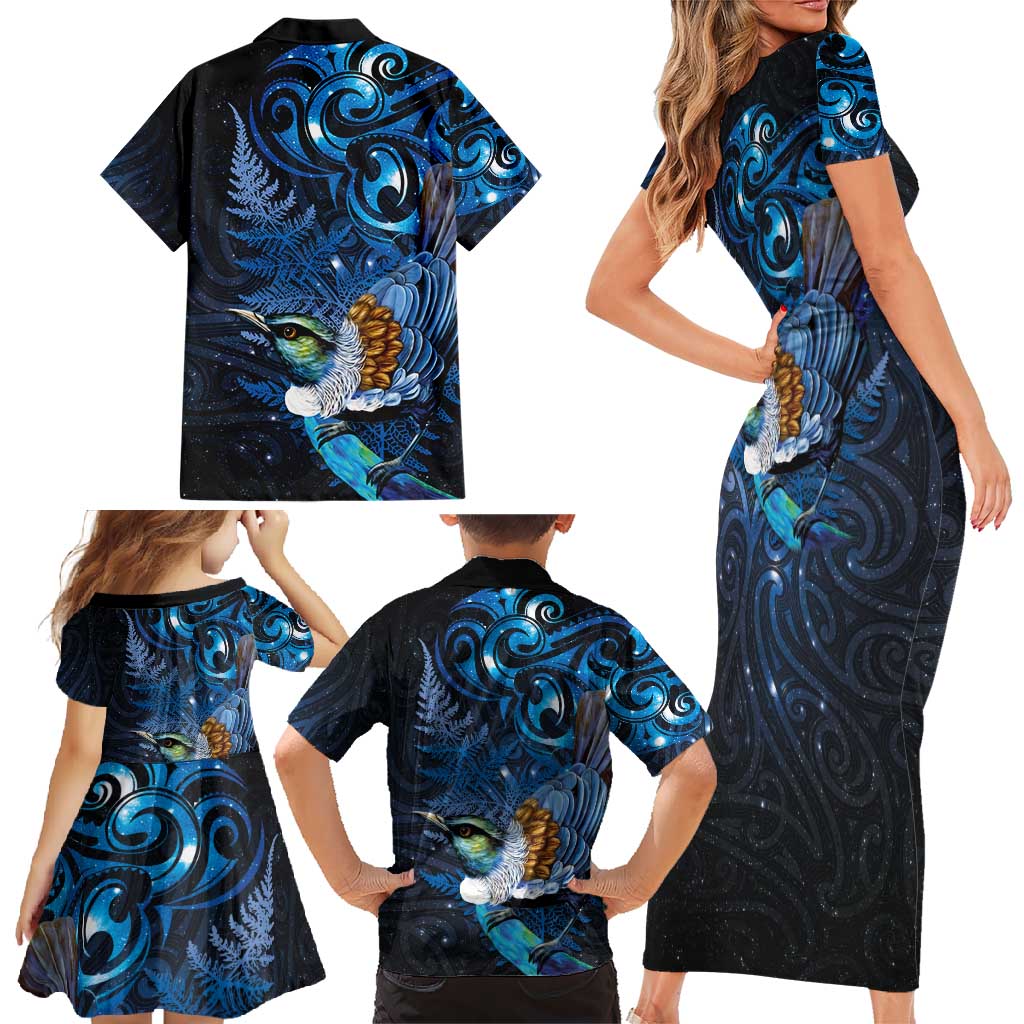 Aotearoa Matariki Family Matching Short Sleeve Bodycon Dress and Hawaiian Shirt Maori Tribal with Silver Fern and Tui Bird Galaxy Style - Aussie Hoodie