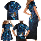 Aotearoa Matariki Family Matching Short Sleeve Bodycon Dress and Hawaiian Shirt Maori Tribal with Silver Fern and Tui Bird Galaxy Style - Aussie Hoodie