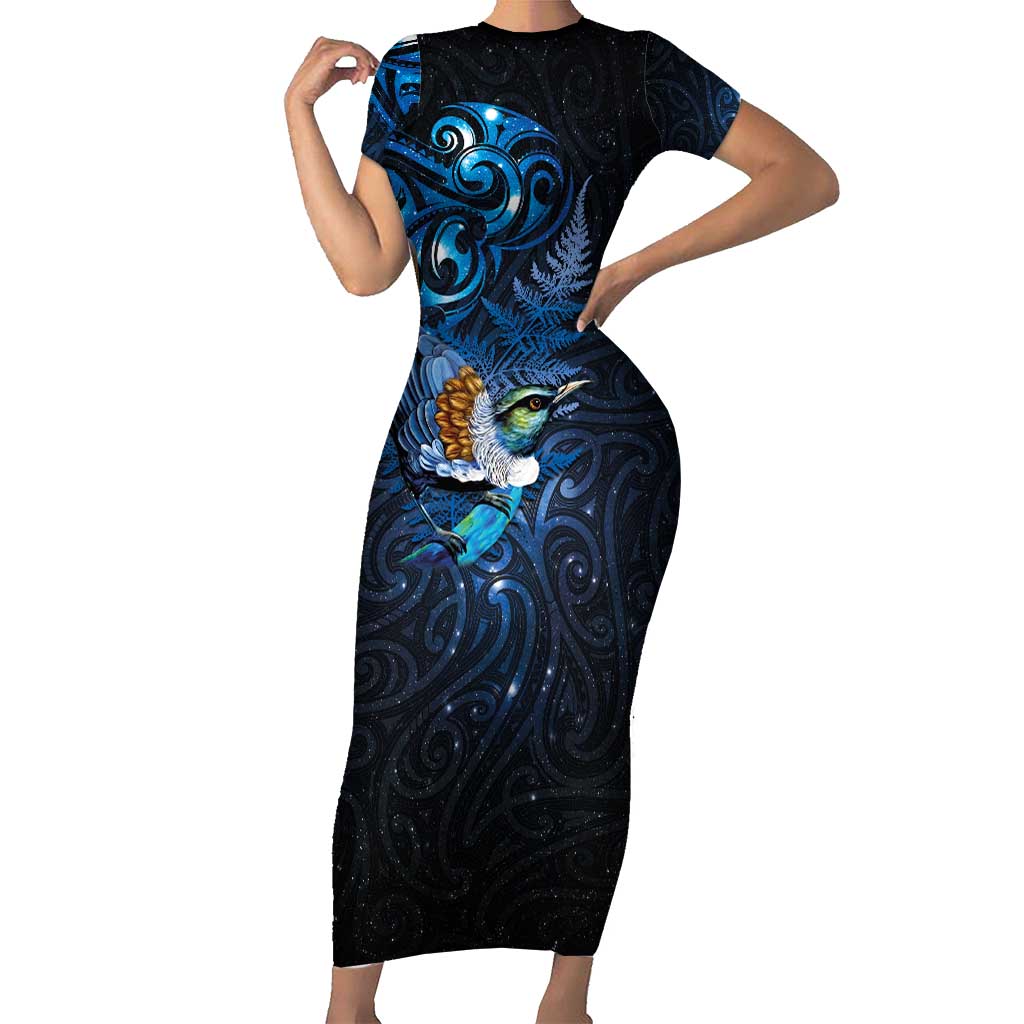 Aotearoa Matariki Family Matching Short Sleeve Bodycon Dress and Hawaiian Shirt Maori Tribal with Silver Fern and Tui Bird Galaxy Style - Aussie Hoodie