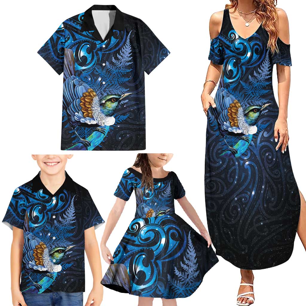 Aotearoa Matariki Family Matching Summer Maxi Dress and Hawaiian Shirt Maori Tribal with Silver Fern and Tui Bird Galaxy Style - Aussie Hoodie
