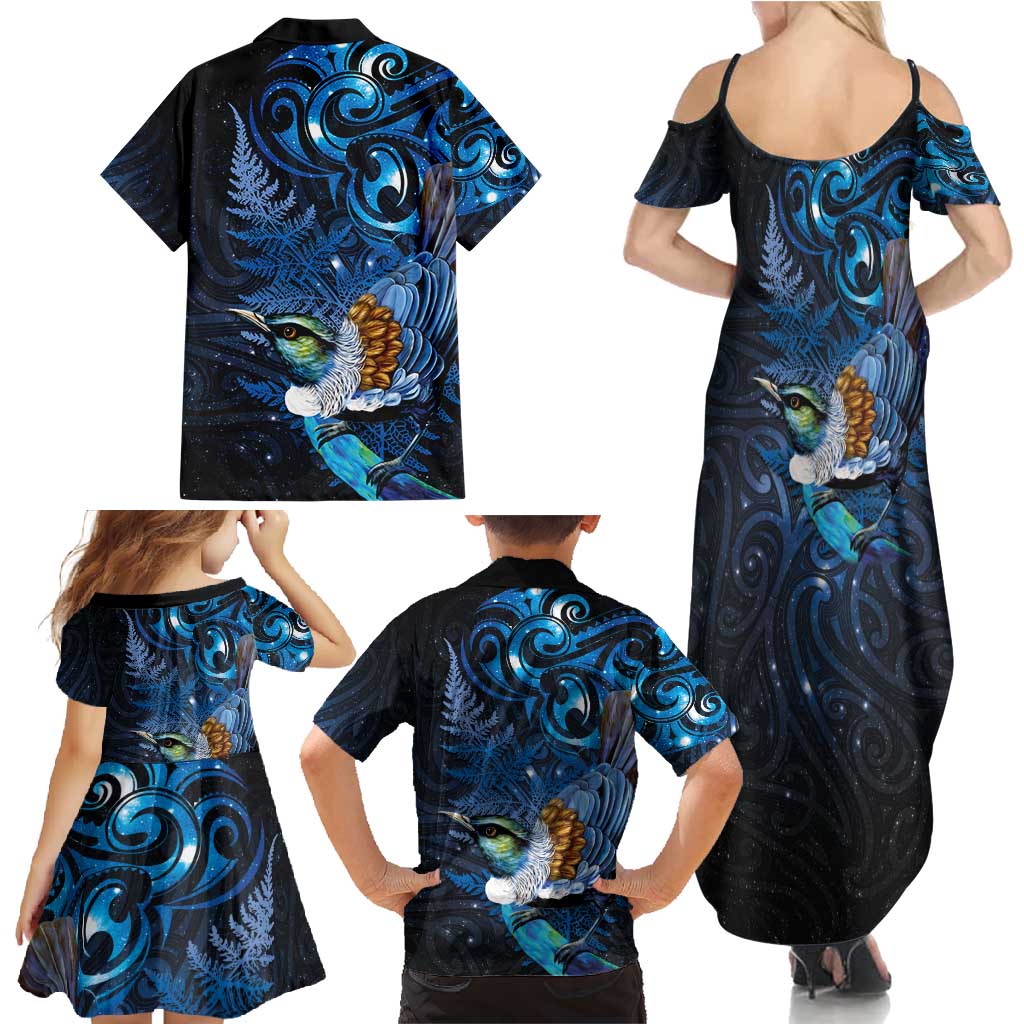Aotearoa Matariki Family Matching Summer Maxi Dress and Hawaiian Shirt Maori Tribal with Silver Fern and Tui Bird Galaxy Style - Aussie Hoodie