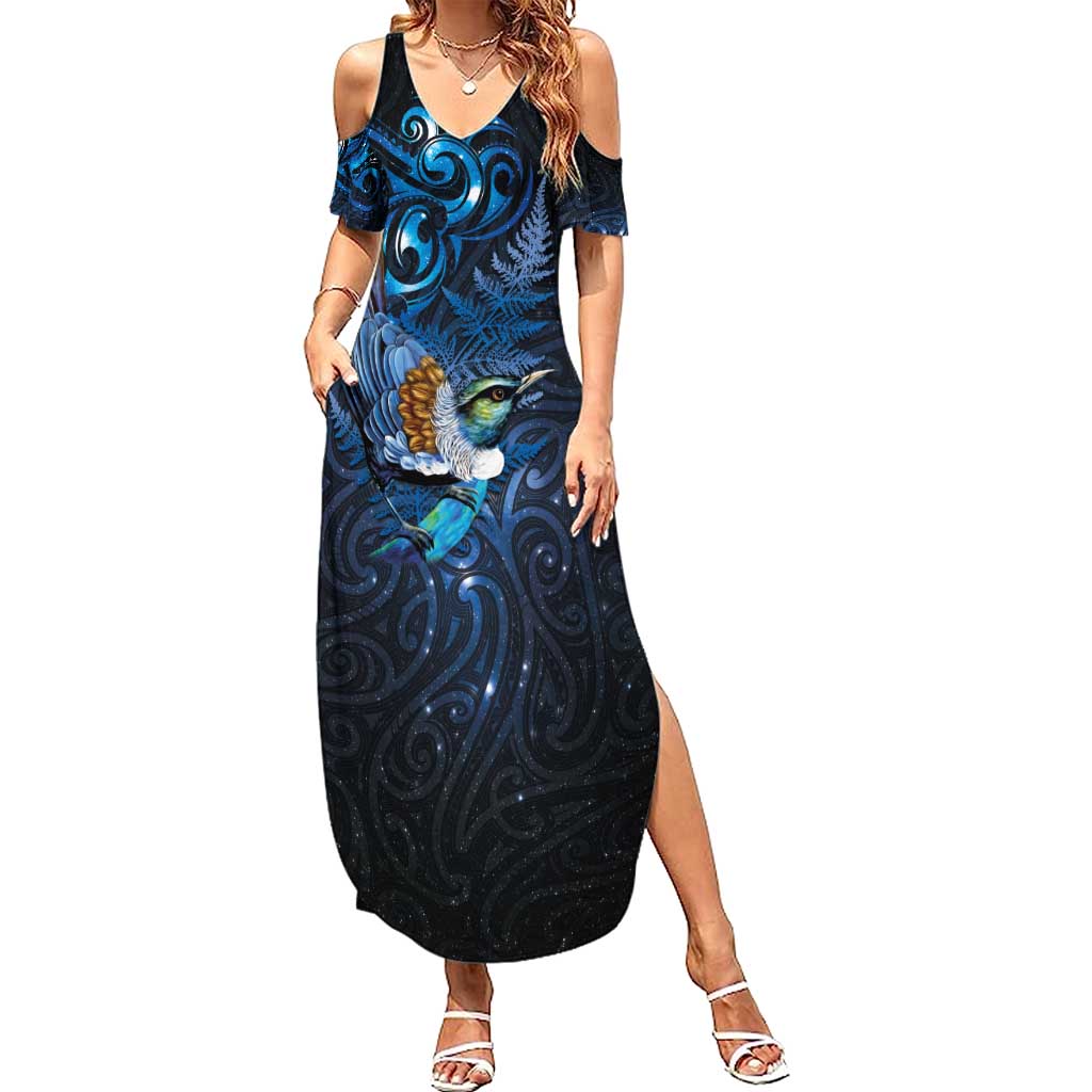 Aotearoa Matariki Family Matching Summer Maxi Dress and Hawaiian Shirt Maori Tribal with Silver Fern and Tui Bird Galaxy Style - Aussie Hoodie
