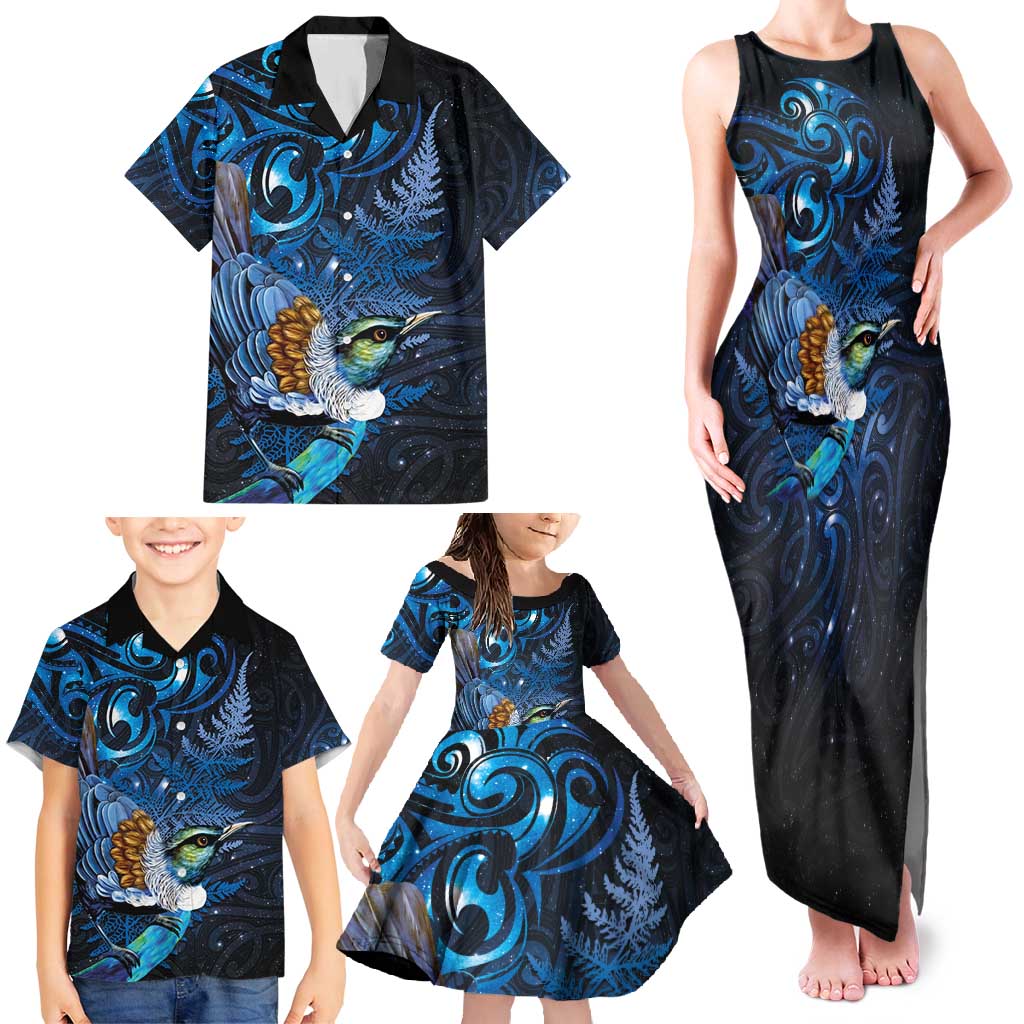 Aotearoa Matariki Family Matching Tank Maxi Dress and Hawaiian Shirt Maori Tribal with Silver Fern and Tui Bird Galaxy Style - Aussie Hoodie