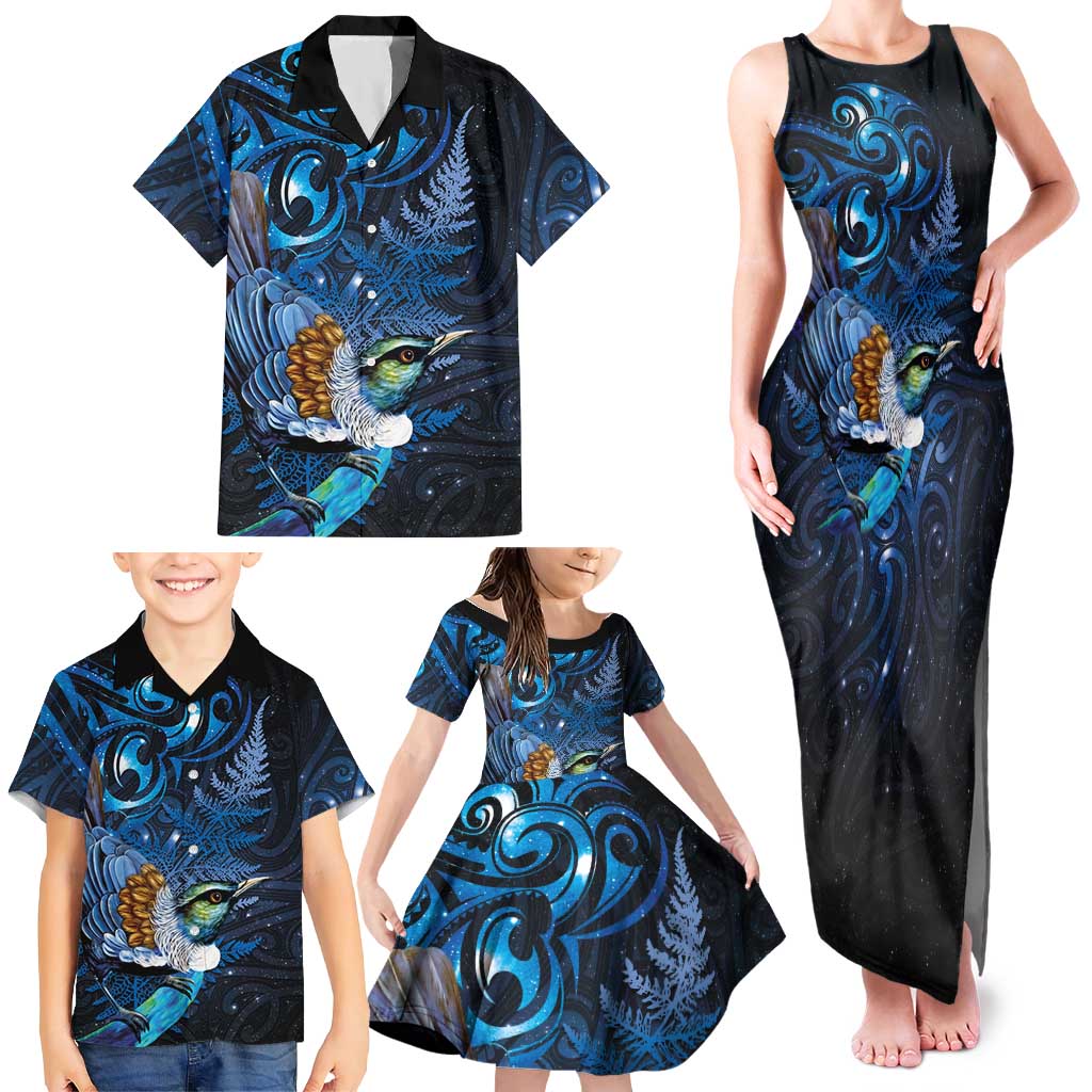 Aotearoa Matariki Family Matching Tank Maxi Dress and Hawaiian Shirt Maori Tribal with Silver Fern and Tui Bird Galaxy Style - Aussie Hoodie