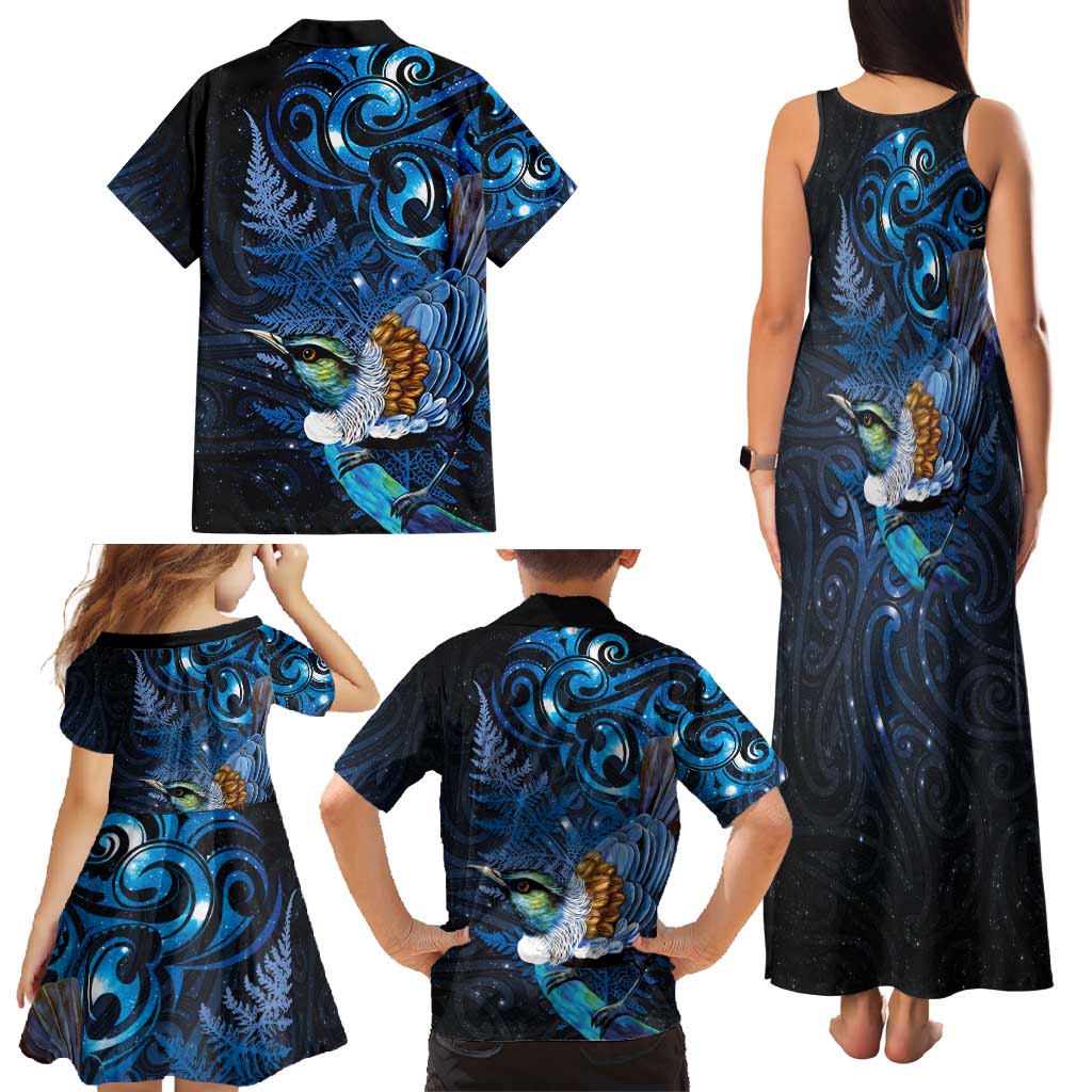Aotearoa Matariki Family Matching Tank Maxi Dress and Hawaiian Shirt Maori Tribal with Silver Fern and Tui Bird Galaxy Style - Aussie Hoodie
