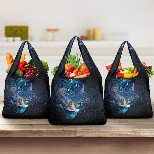 Aotearoa Matariki Grocery Bag Maori Tribal with Silver Fern and Tui Bird Galaxy Style - Aussie Hoodie