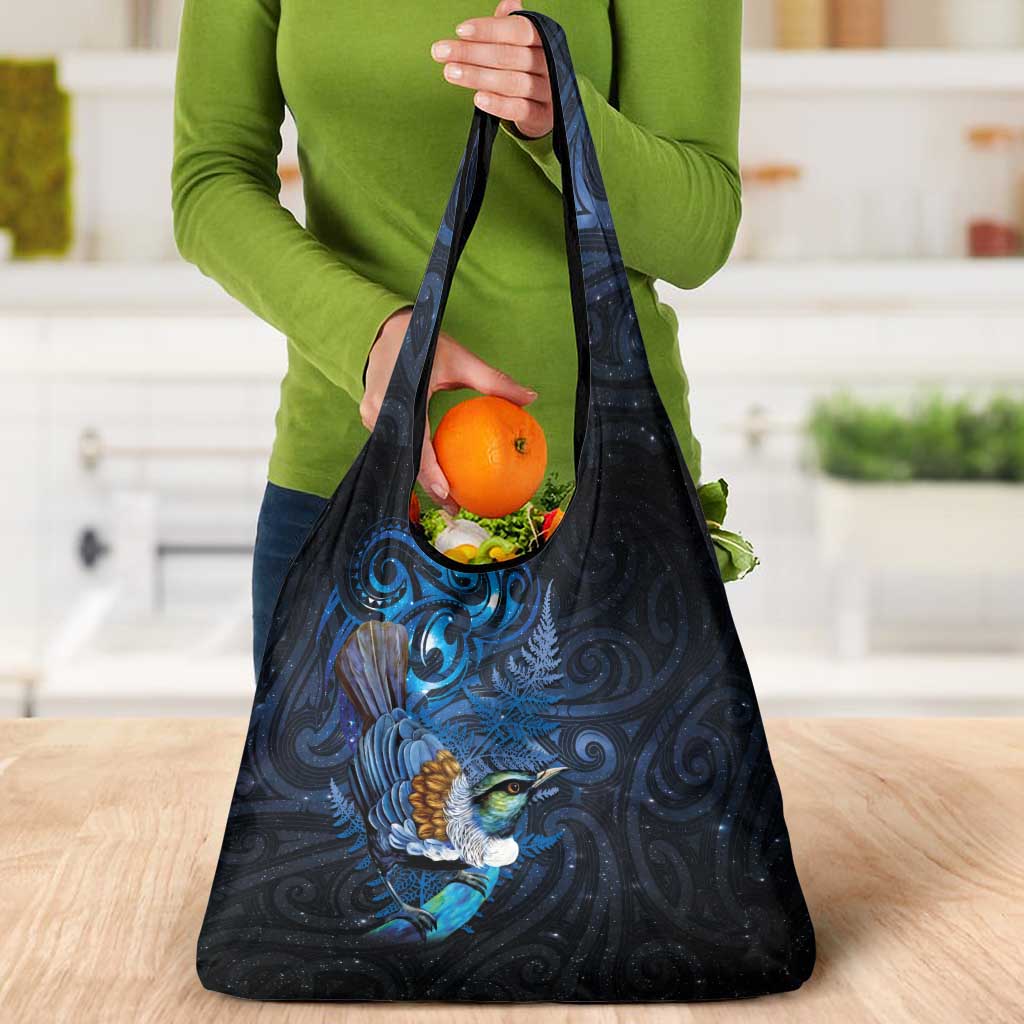 Aotearoa Matariki Grocery Bag Maori Tribal with Silver Fern and Tui Bird Galaxy Style - Aussie Hoodie