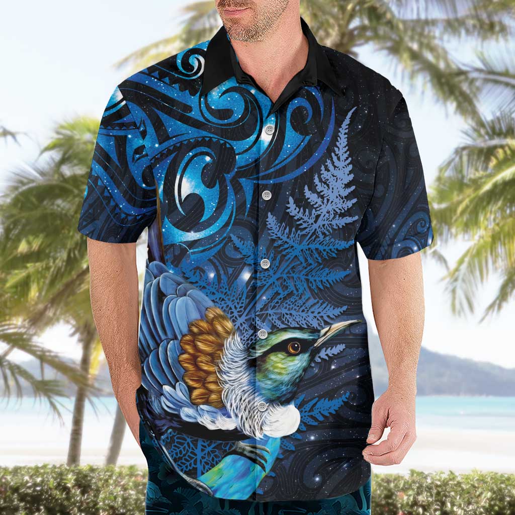 Aotearoa Matariki Hawaiian Shirt Maori Tribal with Silver Fern and Tui Bird Galaxy Style - Aussie Hoodie