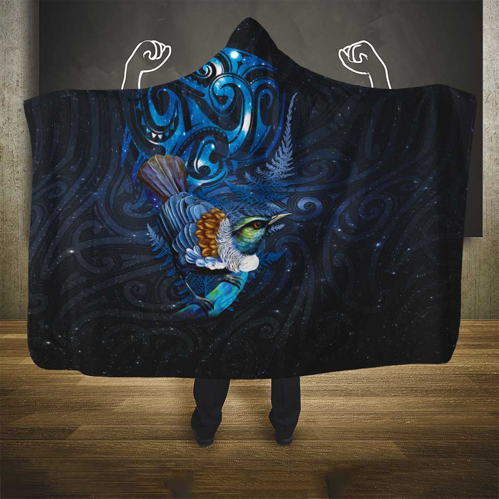 Aotearoa Matariki Hooded Blanket Maori Tribal with Silver Fern and Tui Bird Galaxy Style - Aussie Hoodie
