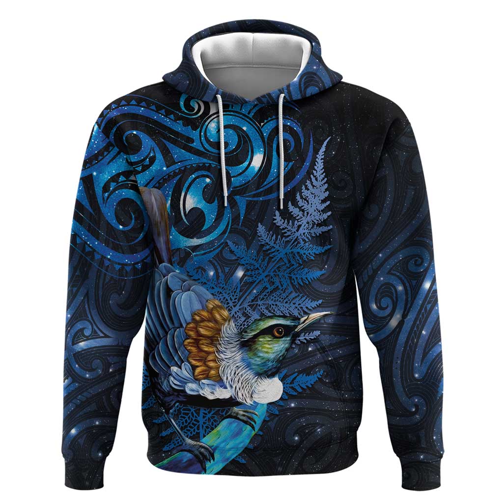Aotearoa Matariki Hoodie Maori Tribal with Silver Fern and Tui Bird Galaxy Style - Aussie Hoodie