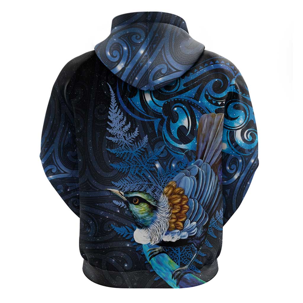 Aotearoa Matariki Hoodie Maori Tribal with Silver Fern and Tui Bird Galaxy Style - Aussie Hoodie