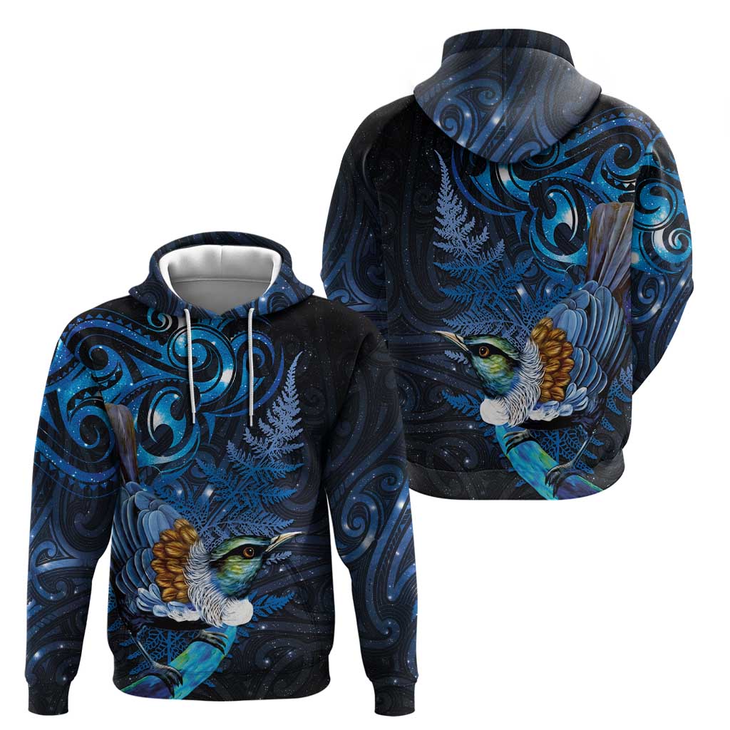 Aotearoa Matariki Hoodie Maori Tribal with Silver Fern and Tui Bird Galaxy Style - Aussie Hoodie