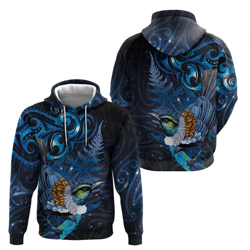 Aotearoa Matariki Hoodie Maori Tribal with Silver Fern and Tui Bird Galaxy Style - Aussie Hoodie