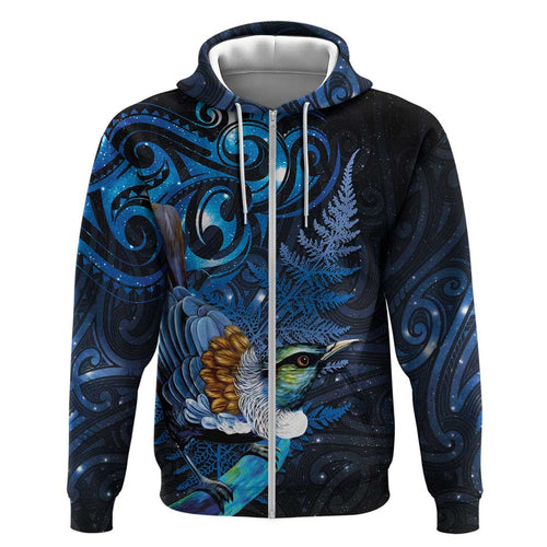 Aotearoa Matariki Hoodie Maori Tribal with Silver Fern and Tui Bird Galaxy Style - Aussie Hoodie