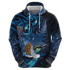 Aotearoa Matariki Hoodie Maori Tribal with Silver Fern and Tui Bird Galaxy Style - Aussie Hoodie