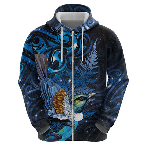 Aotearoa Matariki Hoodie Maori Tribal with Silver Fern and Tui Bird Galaxy Style - Aussie Hoodie