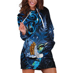 Aotearoa Matariki Hoodie Dress Maori Tribal with Silver Fern and Tui Bird Galaxy Style - Aussie Hoodie