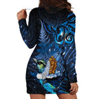 Aotearoa Matariki Hoodie Dress Maori Tribal with Silver Fern and Tui Bird Galaxy Style - Aussie Hoodie
