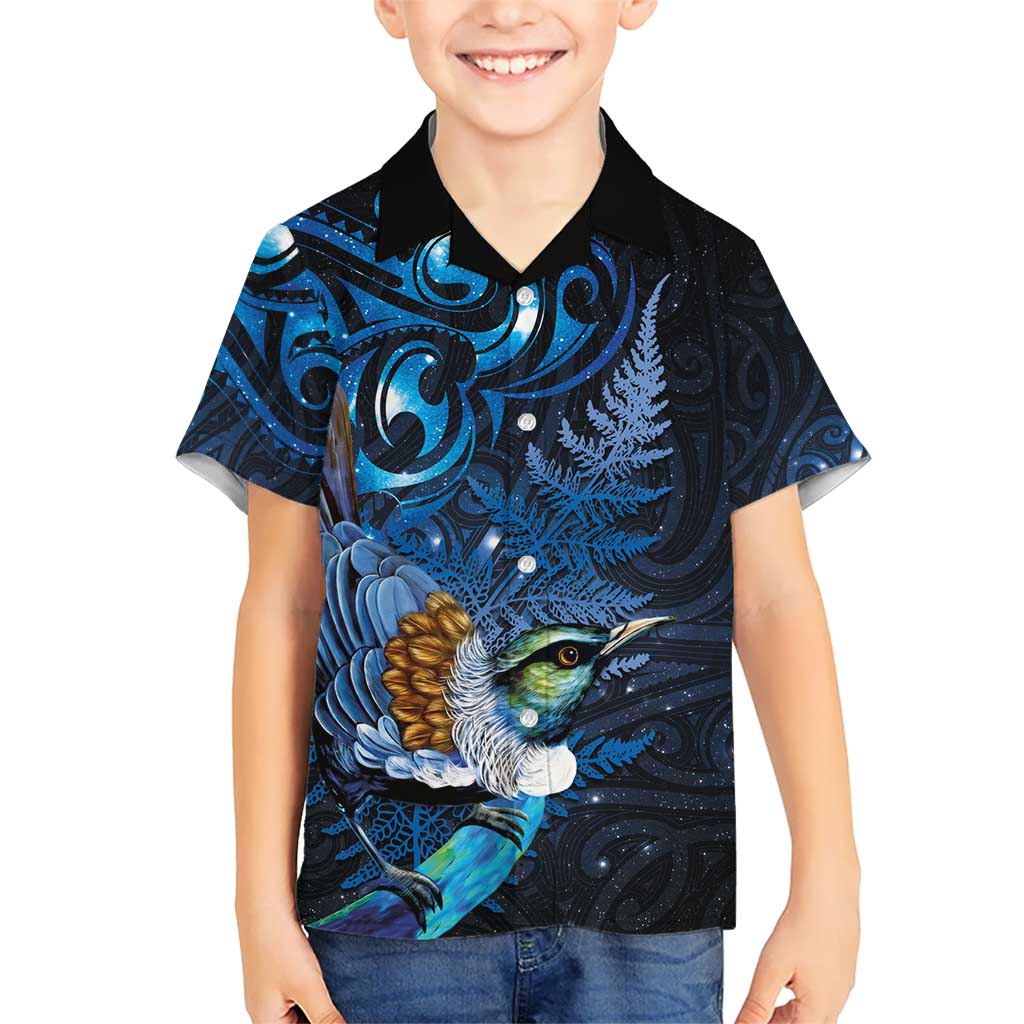 Aotearoa Matariki Kid Hawaiian Shirt Maori Tribal with Silver Fern and Tui Bird Galaxy Style - Aussie Hoodie
