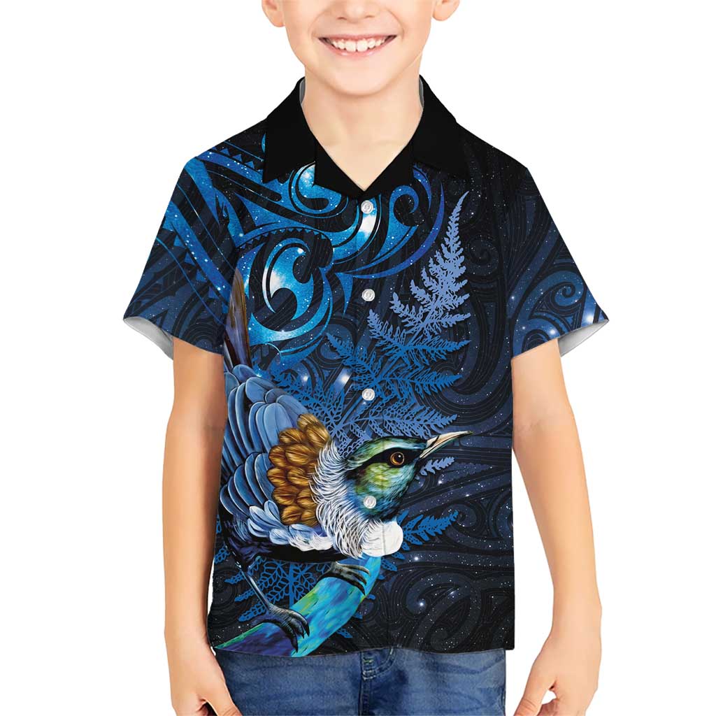 Aotearoa Matariki Kid Hawaiian Shirt Maori Tribal with Silver Fern and Tui Bird Galaxy Style - Aussie Hoodie
