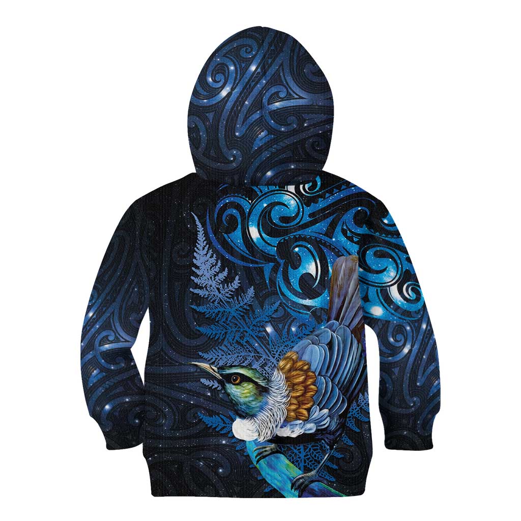 Aotearoa Matariki Kid Hoodie Maori Tribal with Silver Fern and Tui Bird Galaxy Style - Aussie Hoodie