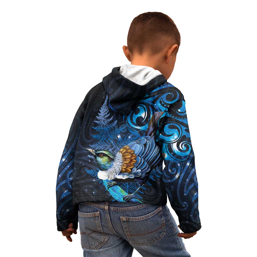 Aotearoa Matariki Kid Hoodie Maori Tribal with Silver Fern and Tui Bird Galaxy Style - Aussie Hoodie