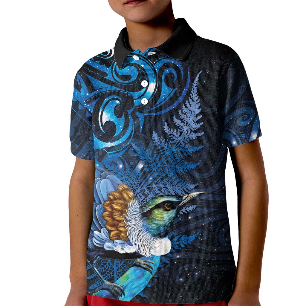 Aotearoa Matariki Kid Polo Shirt Maori Tribal with Silver Fern and Tui Bird Galaxy Style - Aussie Hoodie