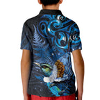 Aotearoa Matariki Kid Polo Shirt Maori Tribal with Silver Fern and Tui Bird Galaxy Style - Aussie Hoodie