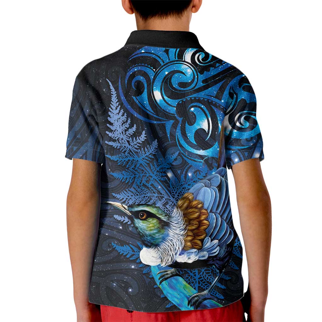 Aotearoa Matariki Kid Polo Shirt Maori Tribal with Silver Fern and Tui Bird Galaxy Style - Aussie Hoodie