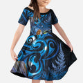 Aotearoa Matariki Kid Short Sleeve Dress Maori Tribal with Silver Fern and Tui Bird Galaxy Style - Aussie Hoodie