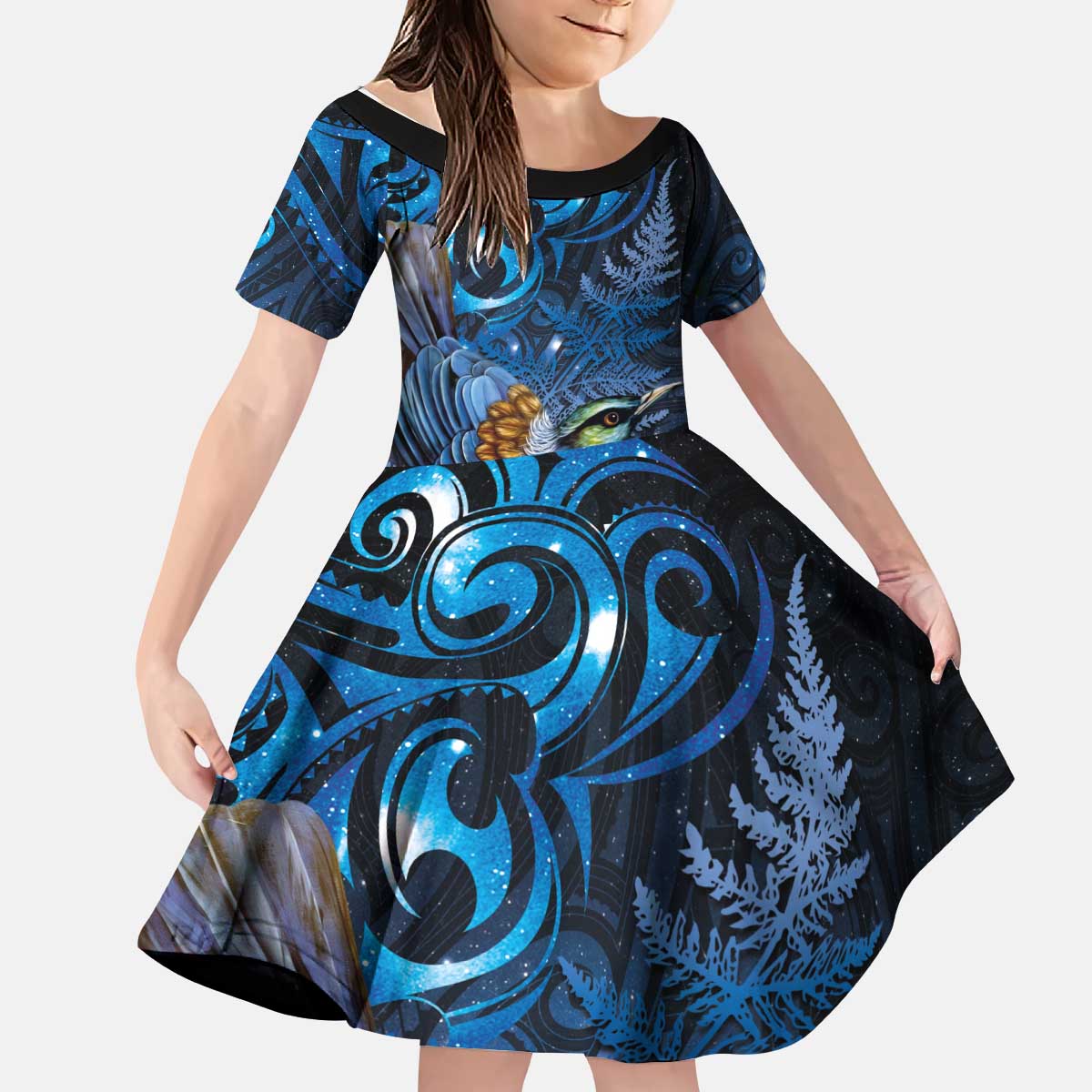 Aotearoa Matariki Kid Short Sleeve Dress Maori Tribal with Silver Fern and Tui Bird Galaxy Style - Aussie Hoodie