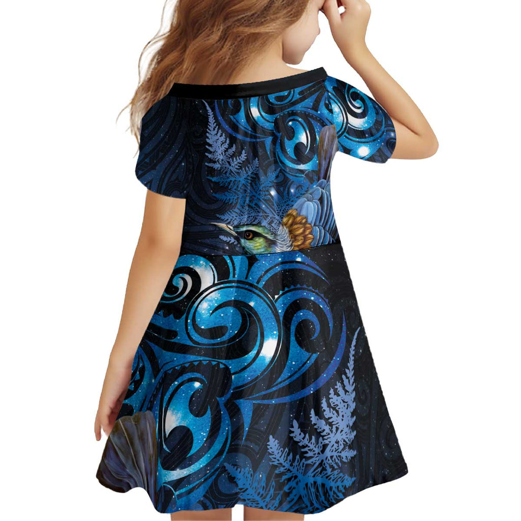 Aotearoa Matariki Kid Short Sleeve Dress Maori Tribal with Silver Fern and Tui Bird Galaxy Style - Aussie Hoodie