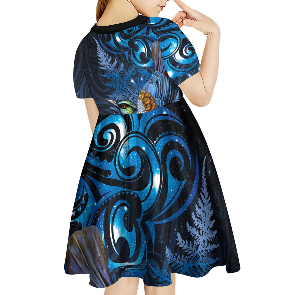 Aotearoa Matariki Kid Short Sleeve Dress Maori Tribal with Silver Fern and Tui Bird Galaxy Style - Aussie Hoodie