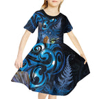 Aotearoa Matariki Kid Short Sleeve Dress Maori Tribal with Silver Fern and Tui Bird Galaxy Style - Aussie Hoodie
