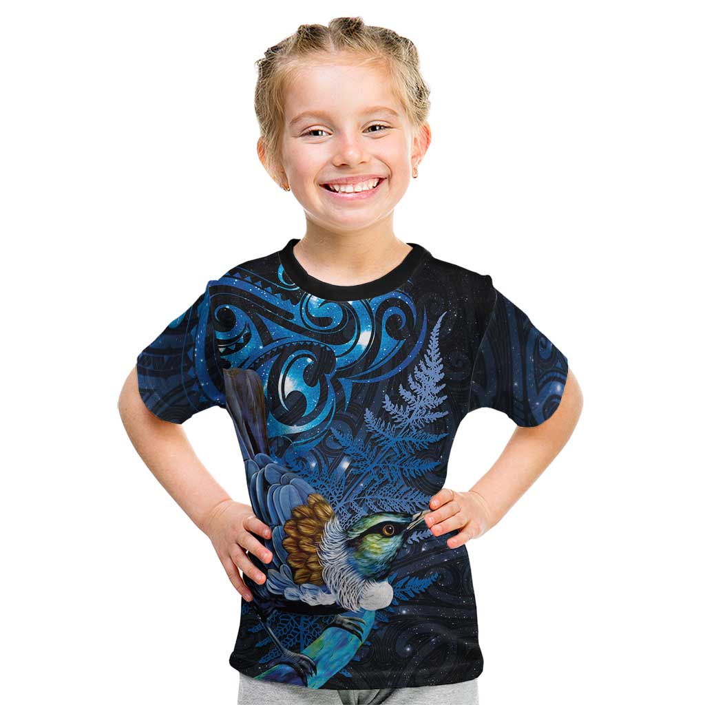 Aotearoa Matariki Kid T Shirt Maori Tribal with Silver Fern and Tui Bird Galaxy Style - Aussie Hoodie