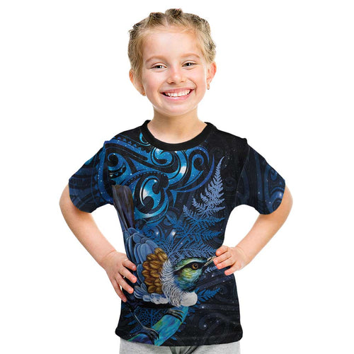 Aotearoa Matariki Kid T Shirt Maori Tribal with Silver Fern and Tui Bird Galaxy Style - Aussie Hoodie